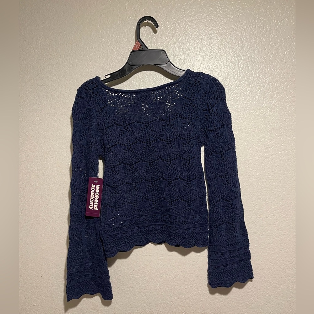 Crocheted Navy Blue Long Sleeve Sweater